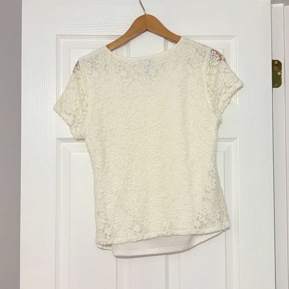 Carmen Marc Valvo Top Womens XL Cream Floral Lace Lined Fitted Feminine Stretch - Picture 2 of 4